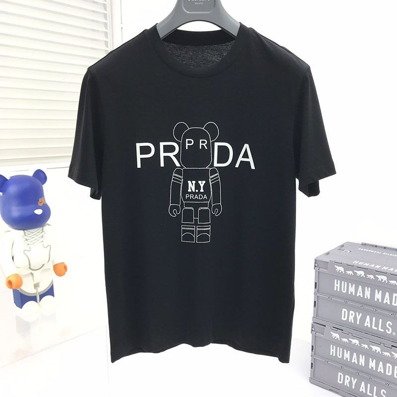 入手困難プラダ ロゴ コットンTシャツ コピー ブラック pux02777