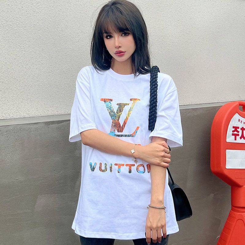 目を惹くカラールイヴィトン 偽物 ロゴ コットン Tシャツ vul14296