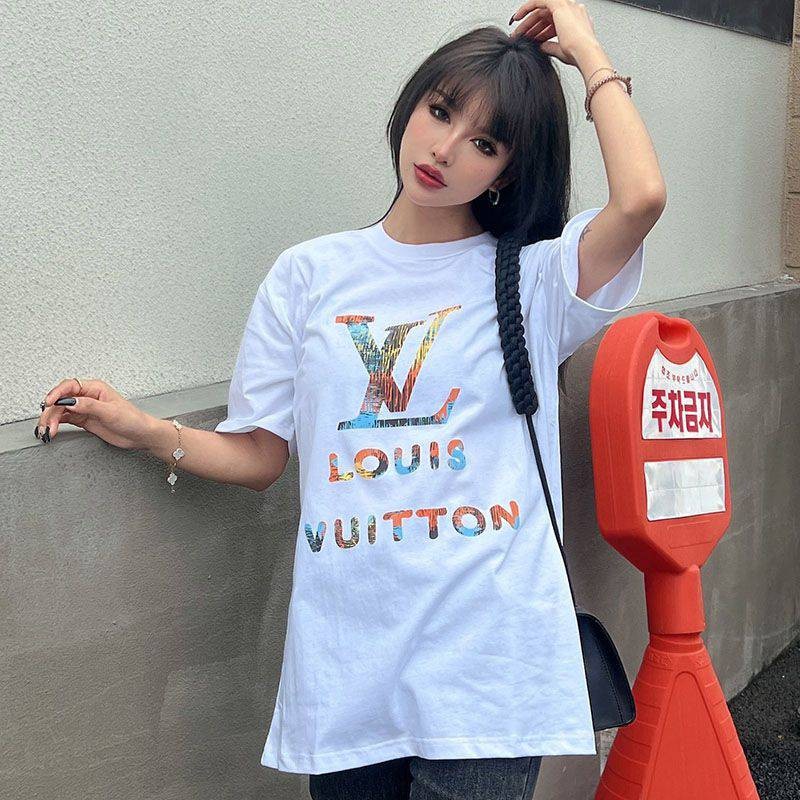 目を惹くカラールイヴィトン 偽物 ロゴ コットン Tシャツ vul14296